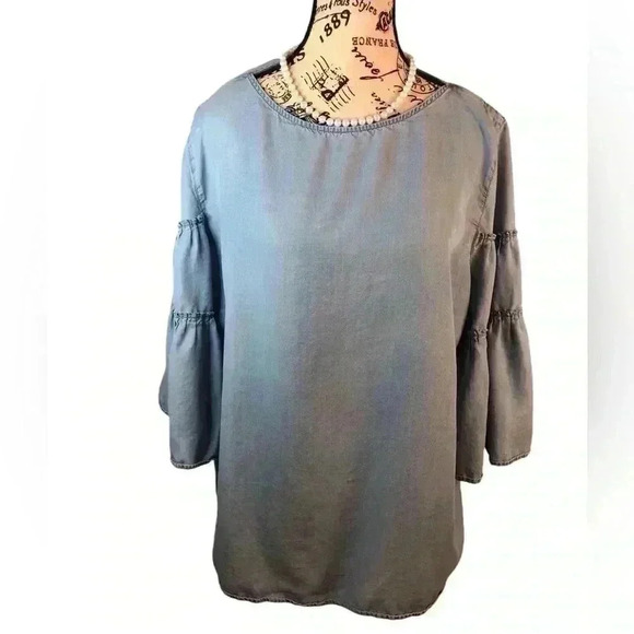 J Jill Denim Chambray Blouse XL Double Bell Sleeves Button Back 3/4 sleeves - Picture 1 of 5